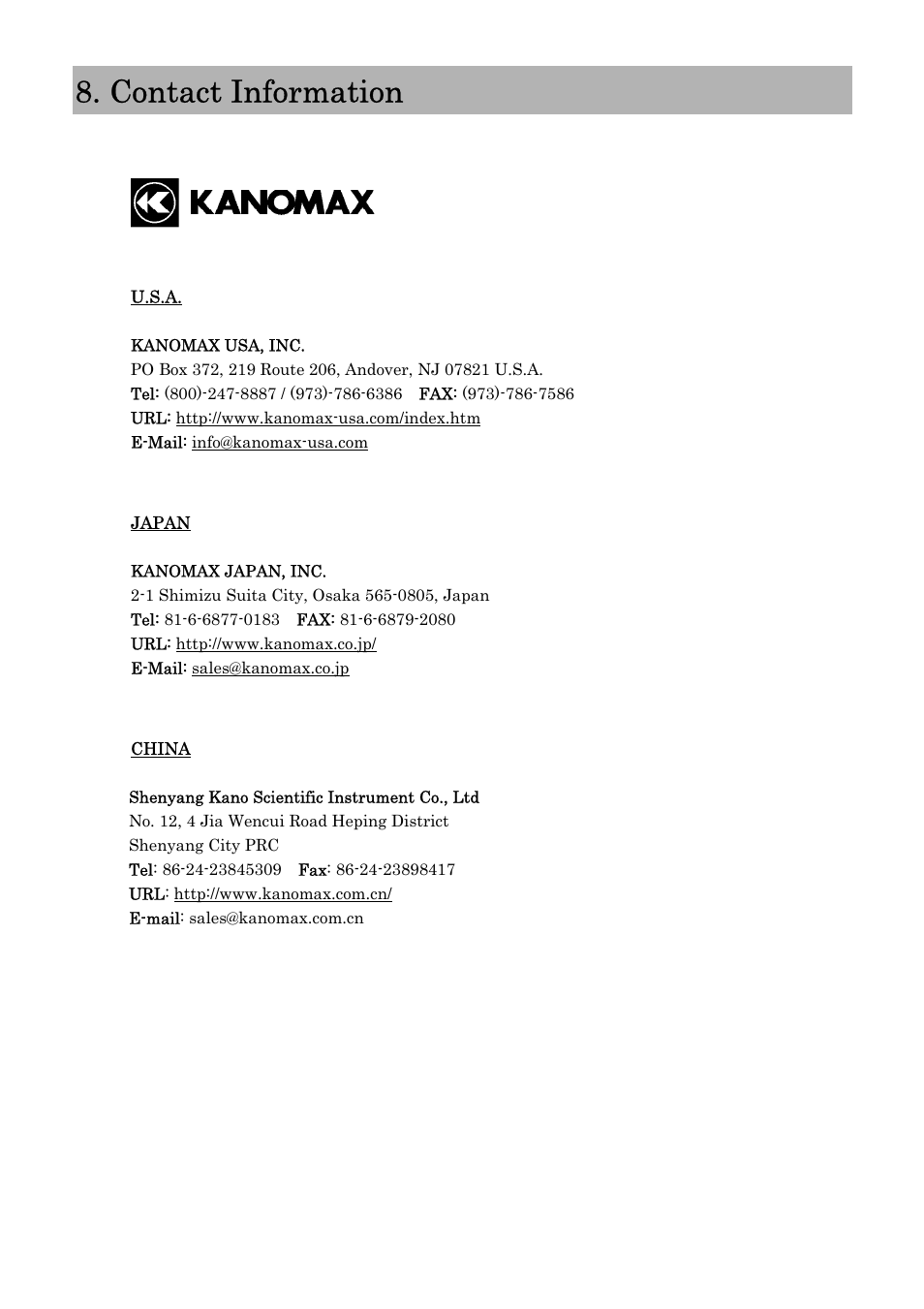 Contact information | KANOMAX 3800 Handheld Condensation Particle Counter User Manual | Page 42 / 42
