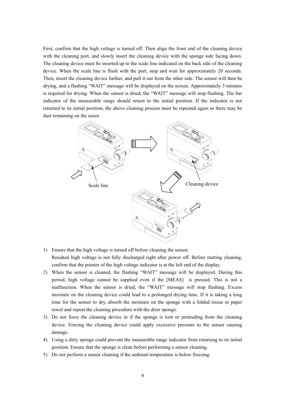 5 cleaning the sensor, Caution, Scale line cleaning device | KANOMAX 3522 Piezobalace Dust Monitor User Manual | Page 14 / 31