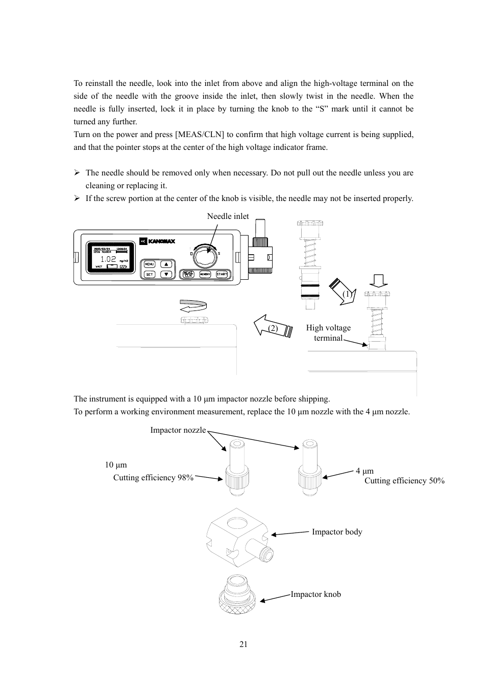 3 installing the needle, 4 replacing the impactor nozzle | KANOMAX 3522 Piezobalace Dust Monitor User Manual | Page 26 / 31