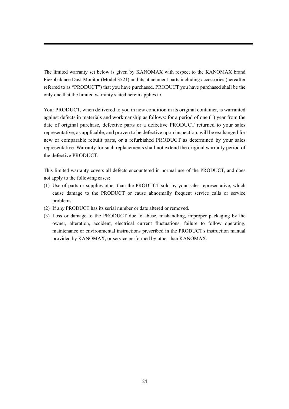 Warranty and after-sales service, Kanomax limited warranty | KANOMAX 3522 Piezobalace Dust Monitor User Manual | Page 29 / 31