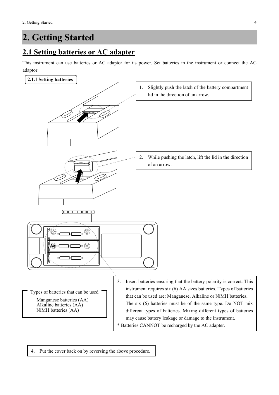 Getting started, 1 setting batteries or ac adapter | KANOMAX 3443 Digital Dust Monitor User Manual | Page 10 / 54