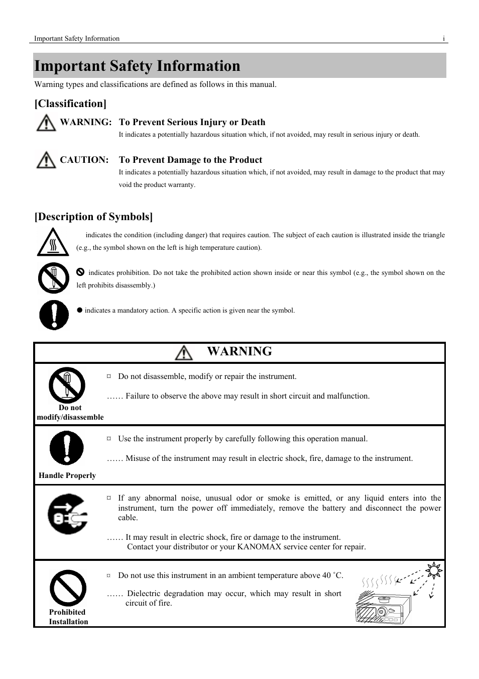 Important safety information, Warning, Classification | Description of symbols | KANOMAX 3443 Digital Dust Monitor User Manual | Page 3 / 54