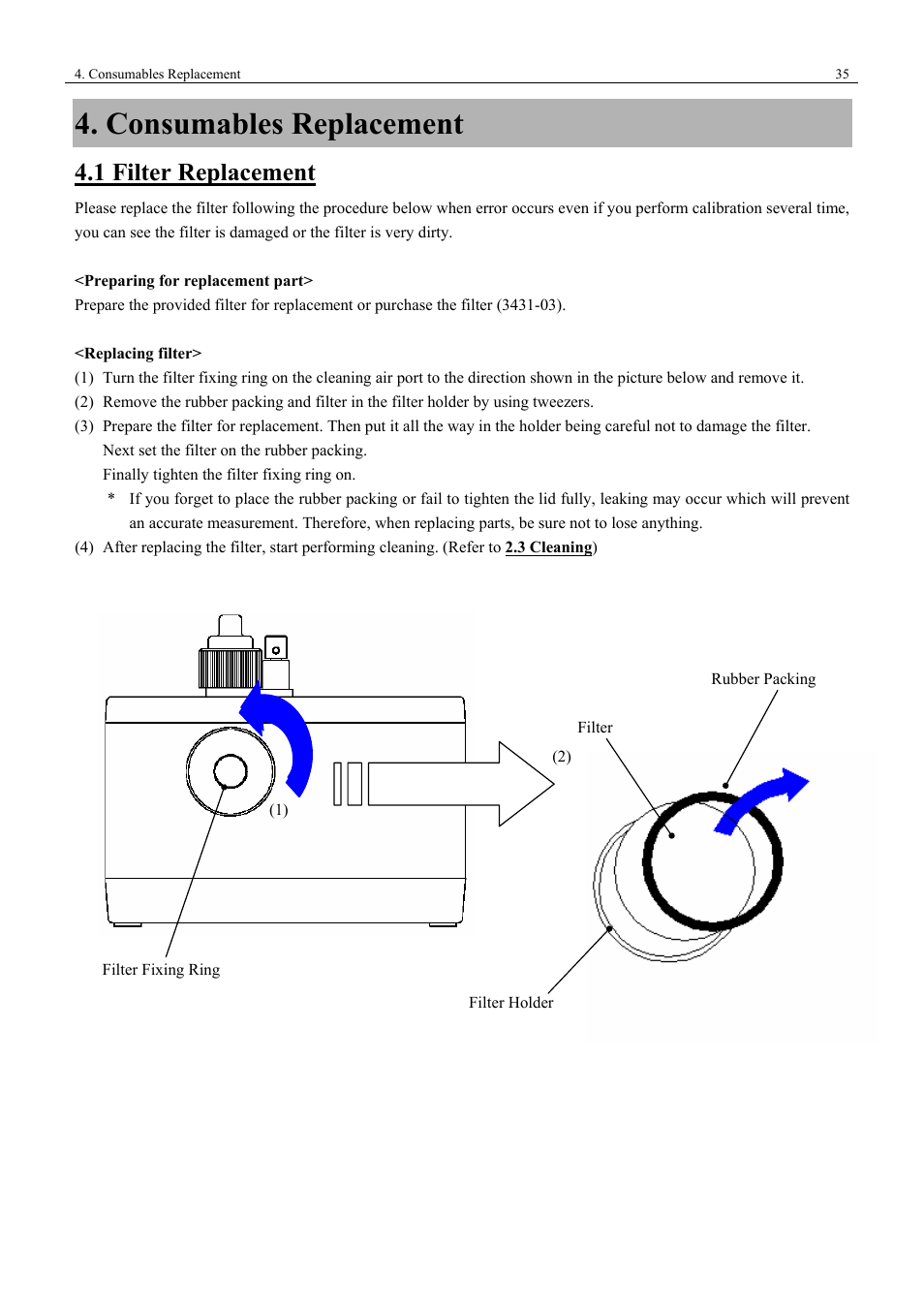 Consumables replacement, 1 filter replacement | KANOMAX 3443 Digital Dust Monitor User Manual | Page 41 / 54