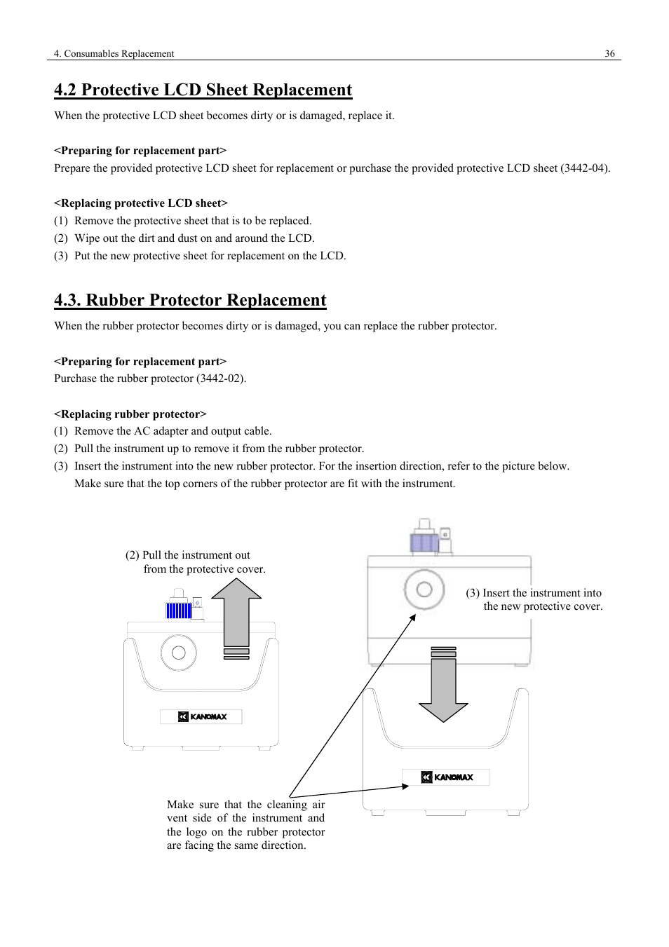 2 protective lcd sheet replacement, Rubber protector replacement | KANOMAX 3443 Digital Dust Monitor User Manual | Page 42 / 54