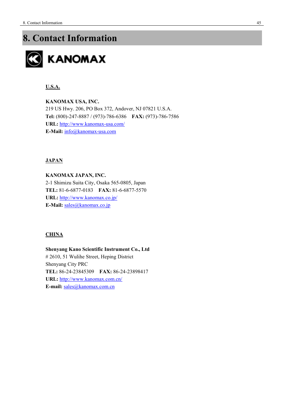 Contact information | KANOMAX 3443 Digital Dust Monitor User Manual | Page 51 / 54