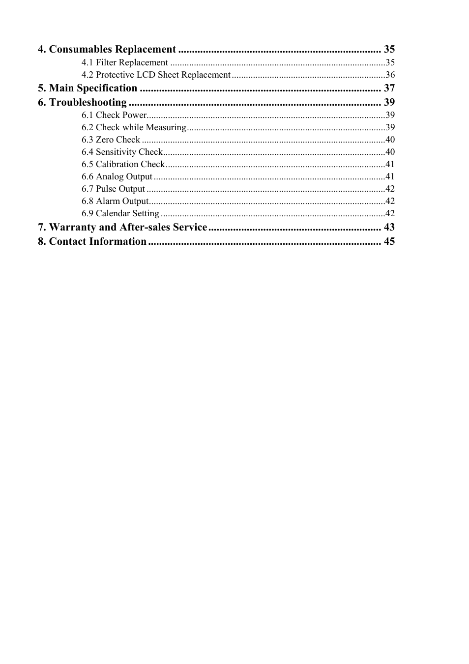 Consumables replacement, Main specification, Troubleshooting | Warranty and after-sales service, Contact information | KANOMAX 3443 Digital Dust Monitor User Manual | Page 6 / 54