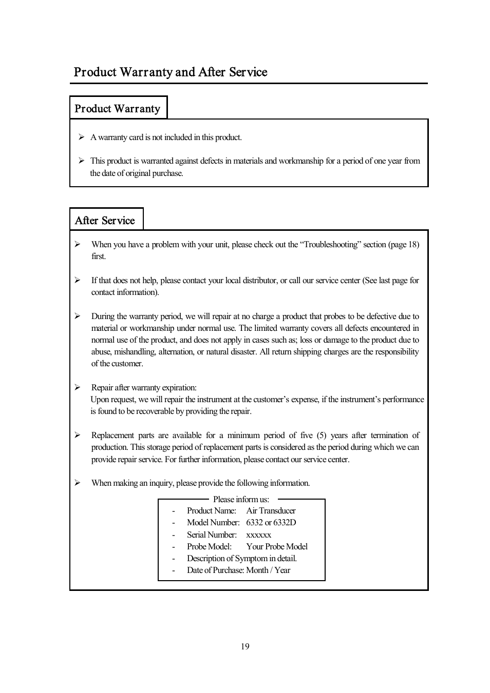 Product warranty and after service, After service, Product warranty | KANOMAX 6332D Airflow Transducer User Manual | Page 26 / 27