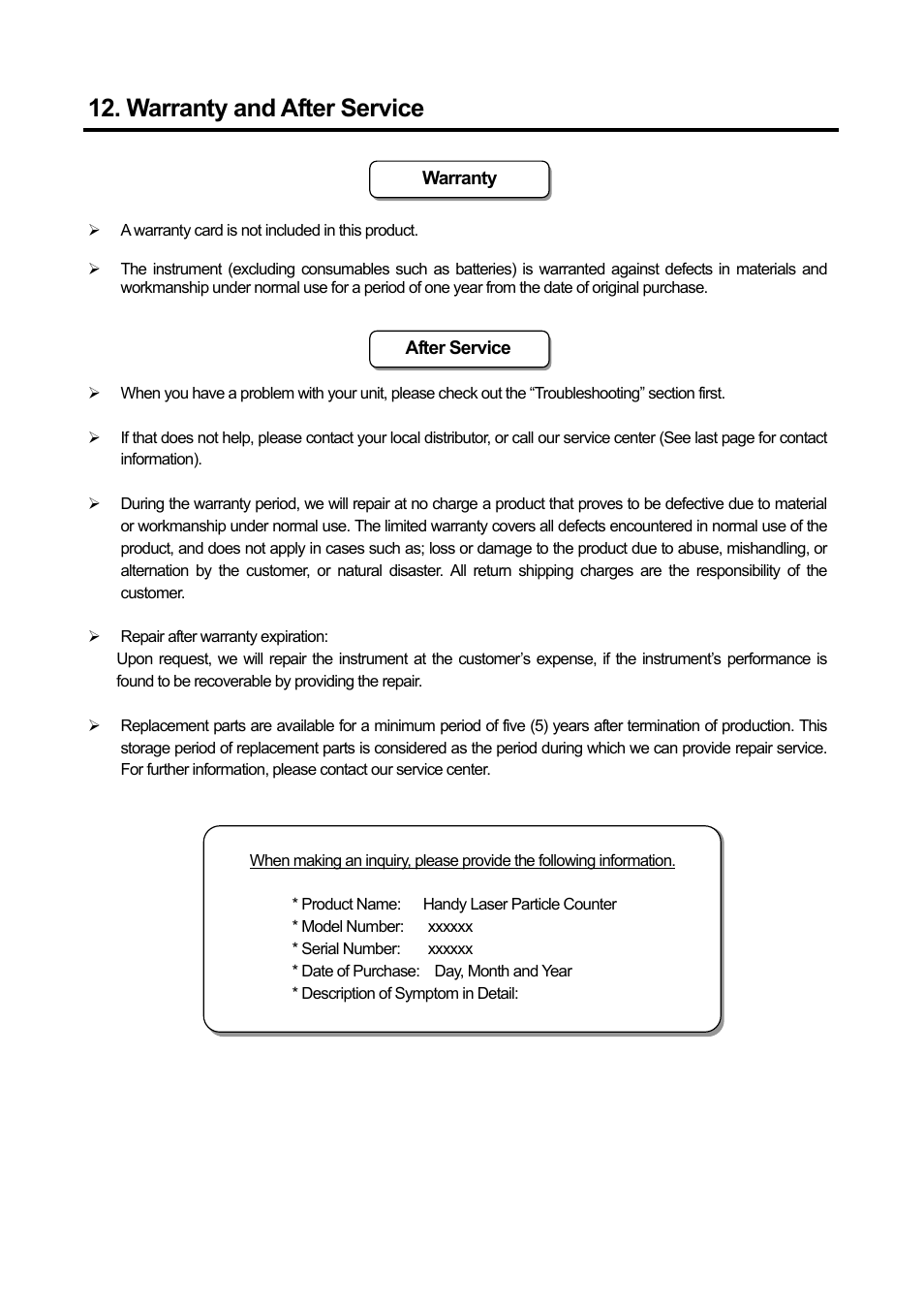 Warranty and after service | KANOMAX 3886 Handheld Particle Counter User Manual | Page 42 / 43