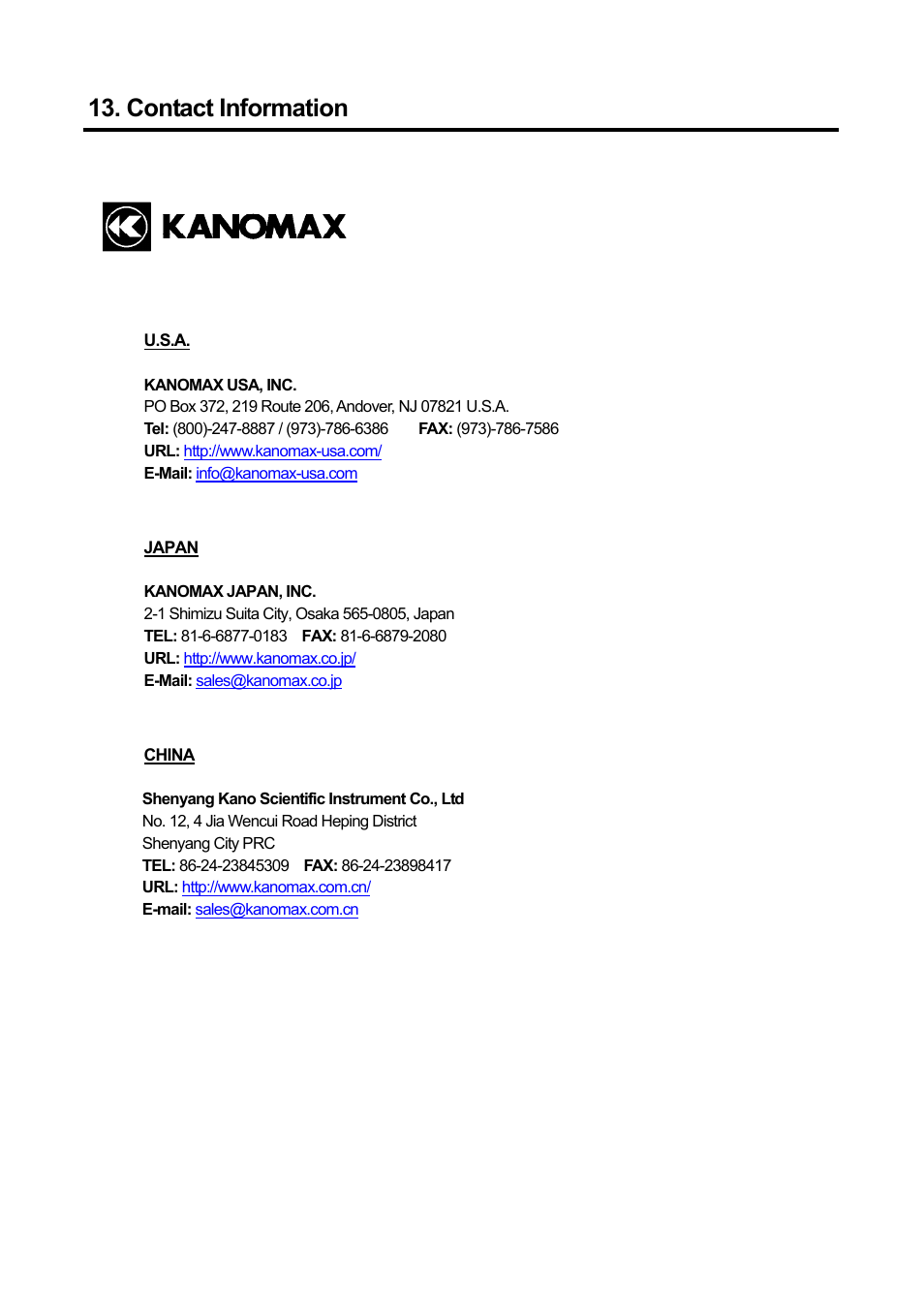 Contact information | KANOMAX 3886 Handheld Particle Counter User Manual | Page 43 / 43