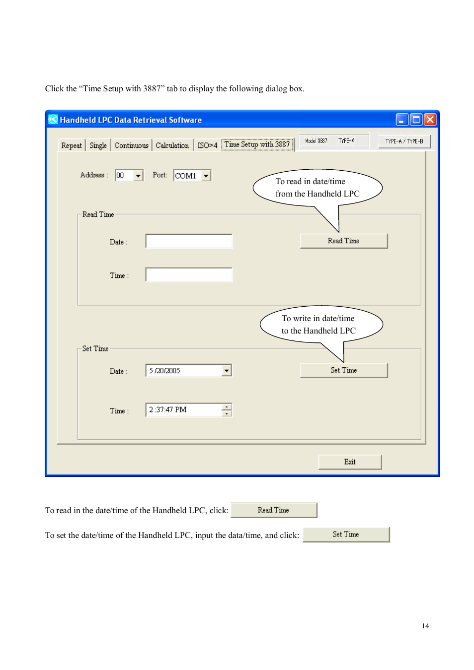 5 setting time/date of the handheld lpc | KANOMAX S388-70 Handheld Particle Counter Data Retrieval Software Manual User Manual | Page 14 / 18