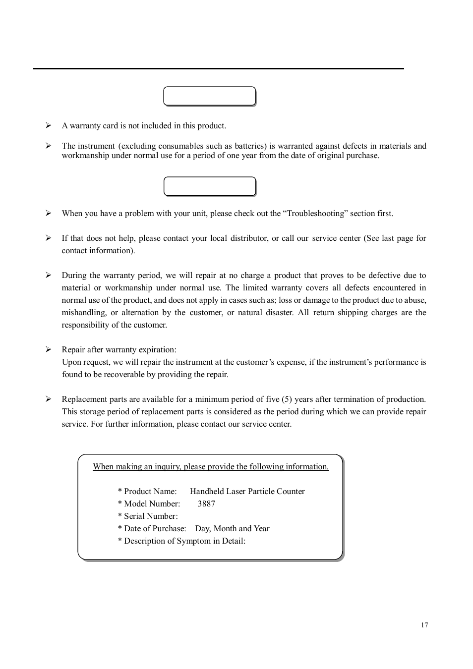 Warranty and after service | KANOMAX S388-70 Handheld Particle Counter Data Retrieval Software Manual User Manual | Page 17 / 18