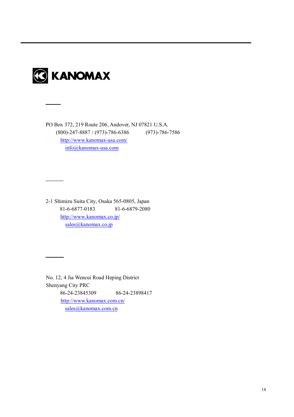 Contact information | KANOMAX S388-70 Handheld Particle Counter Data Retrieval Software Manual User Manual | Page 18 / 18