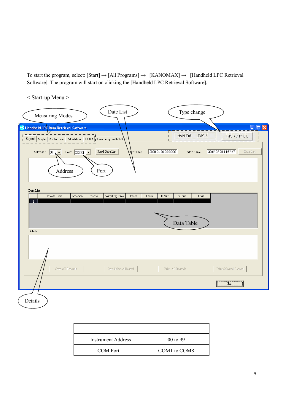 Operation, 1 program startup | KANOMAX S388-70 Handheld Particle Counter Data Retrieval Software Manual User Manual | Page 9 / 18
