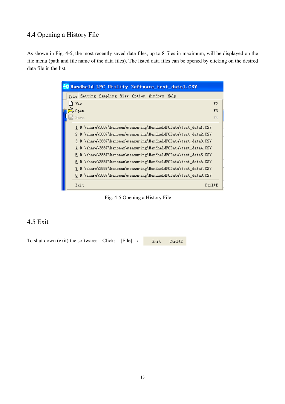 4 opening a history file, 5 exit | KANOMAX S388-70 Handheld Particle Counter Utility Software Manual User Manual | Page 16 / 35