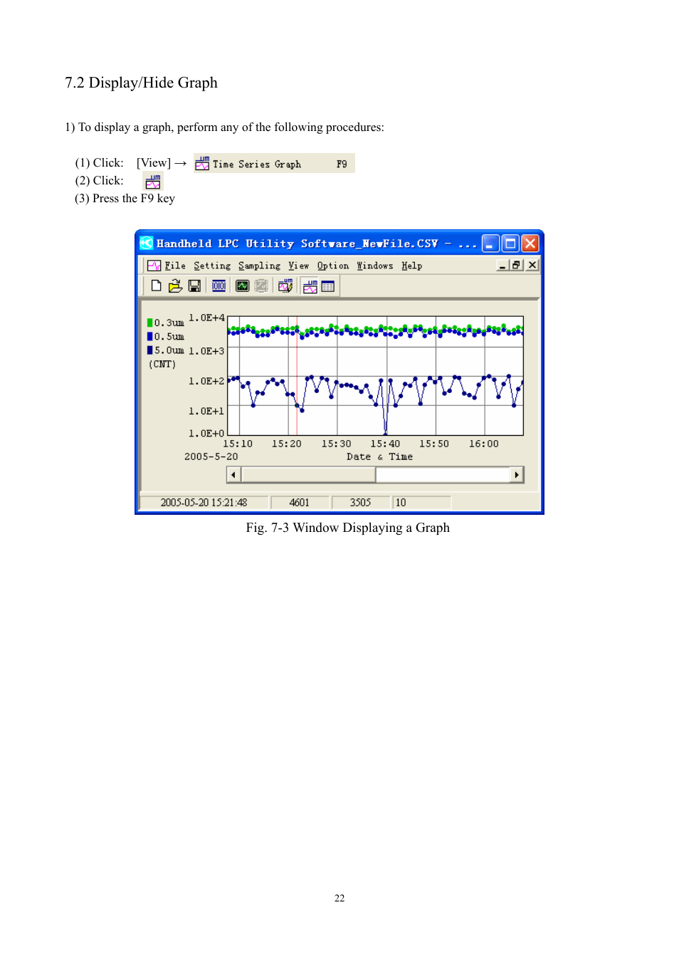 2 display/hide graph | KANOMAX S388-70 Handheld Particle Counter Utility Software Manual User Manual | Page 25 / 35