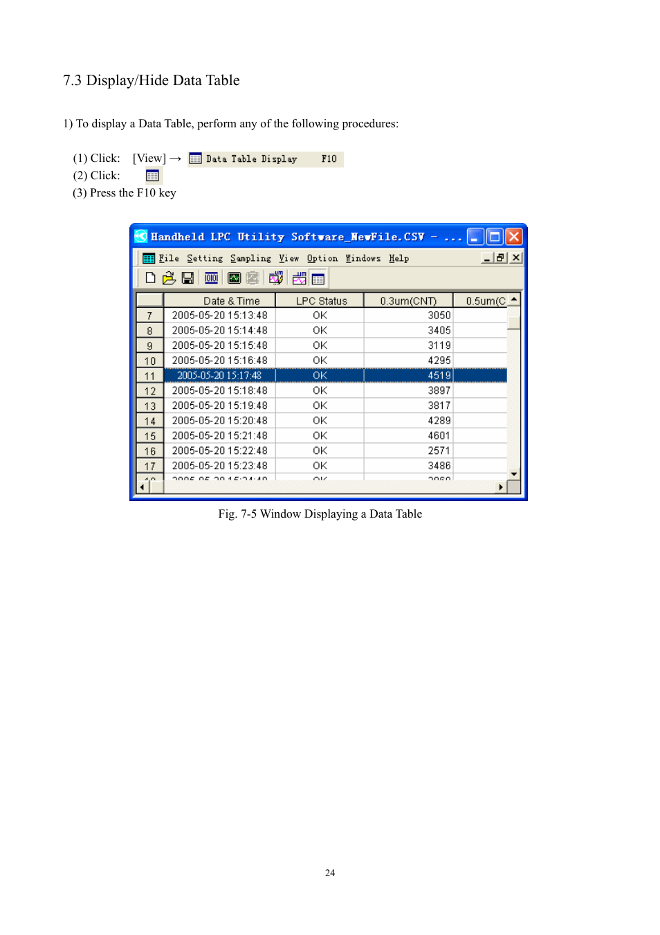 3 display/hide data table | KANOMAX S388-70 Handheld Particle Counter Utility Software Manual User Manual | Page 27 / 35
