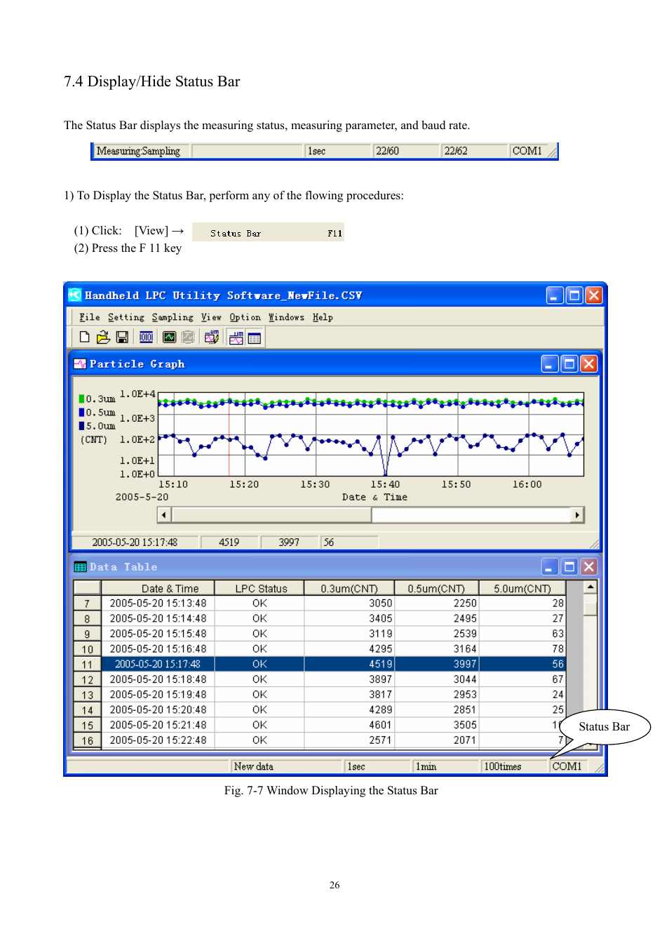 4 display/hide status bar | KANOMAX S388-70 Handheld Particle Counter Utility Software Manual User Manual | Page 29 / 35