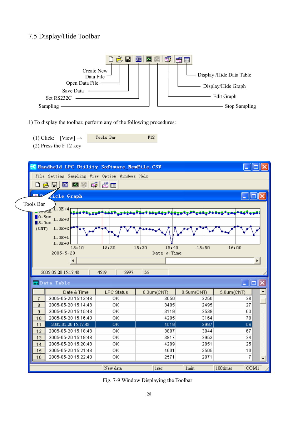 5 display/hide toolbar | KANOMAX S388-70 Handheld Particle Counter Utility Software Manual User Manual | Page 31 / 35