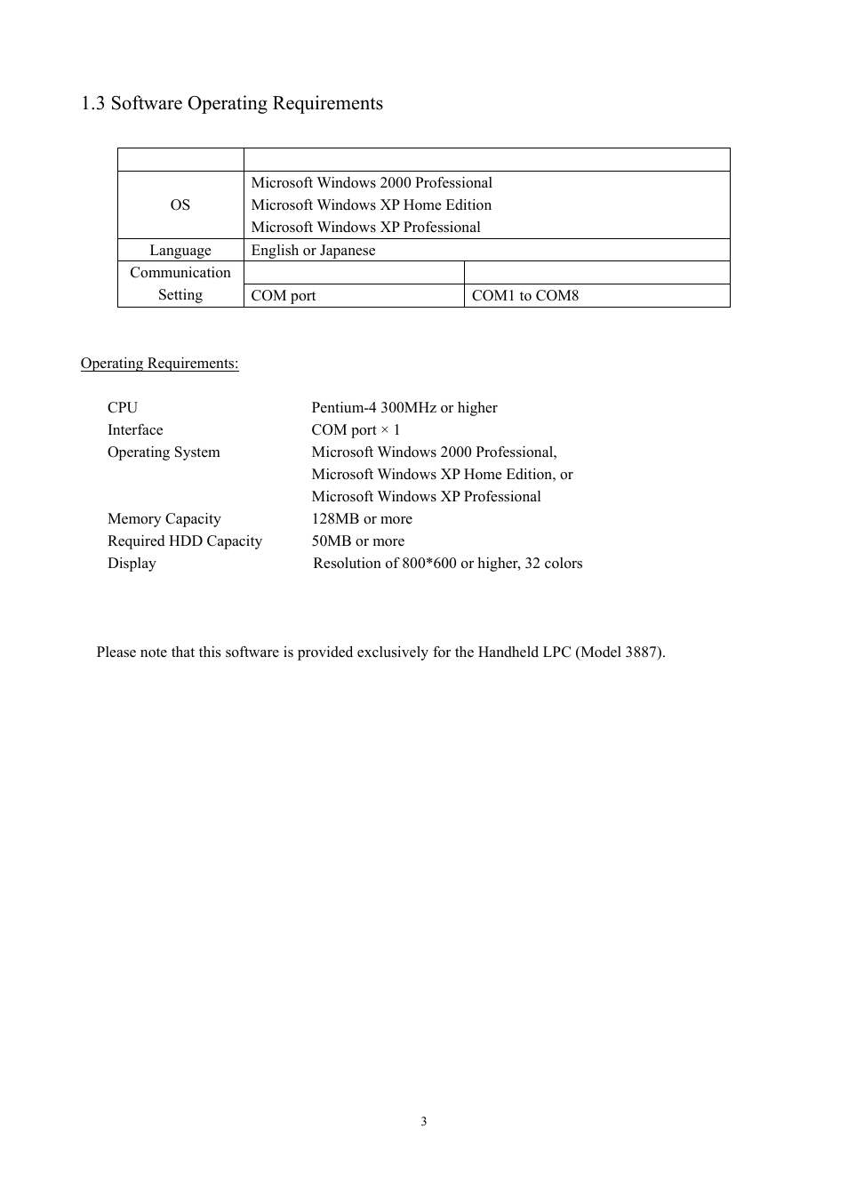 3 software operating requirements | KANOMAX S388-70 Handheld Particle Counter Utility Software Manual User Manual | Page 6 / 35