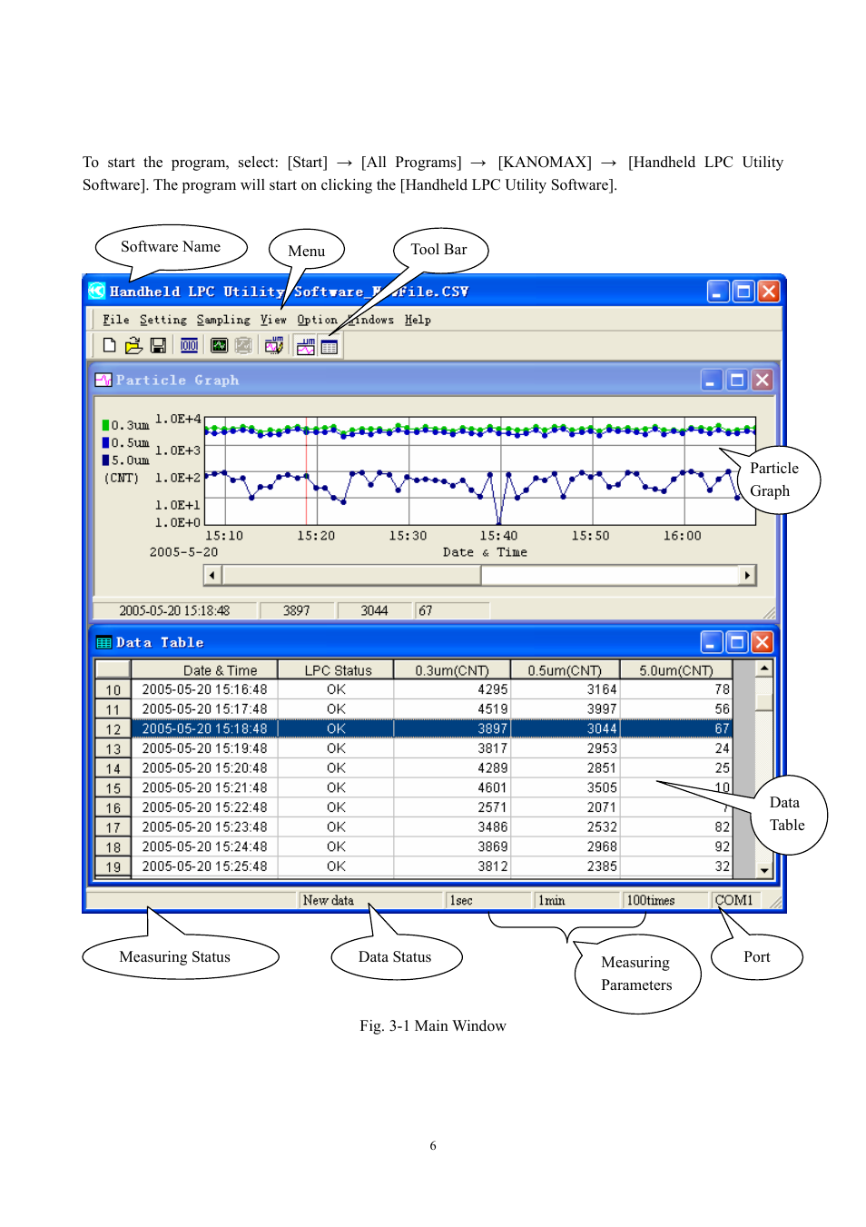 Program startup | KANOMAX S388-70 Handheld Particle Counter Utility Software Manual User Manual | Page 9 / 35