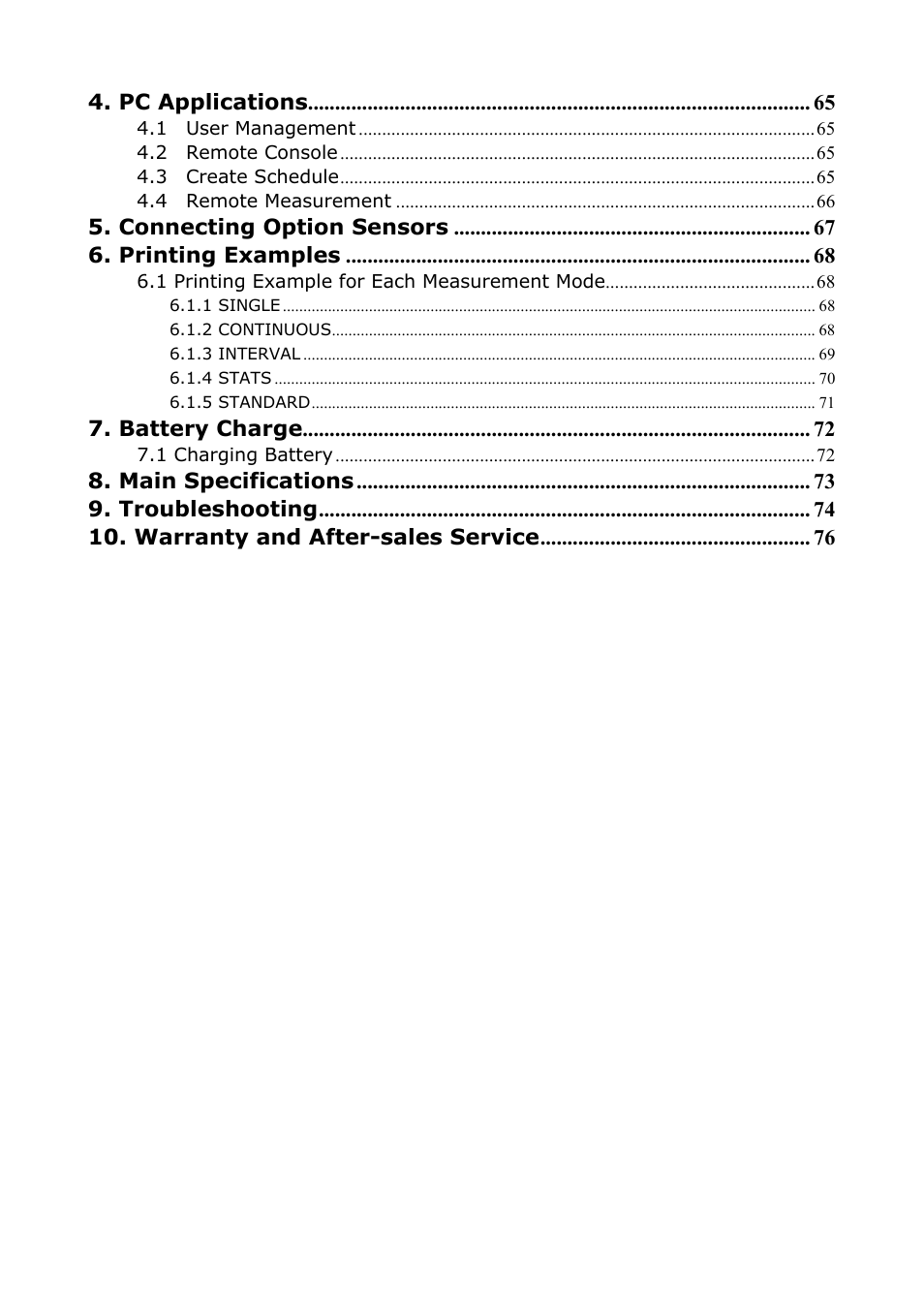 Pc applications, Connecting option sensors, Printing examples | Battery charge, Main specifications, Troubleshooting, Warranty and after-sales service | KANOMAX 3910 Portable Particle Counter User Manual User Manual | Page 8 / 87