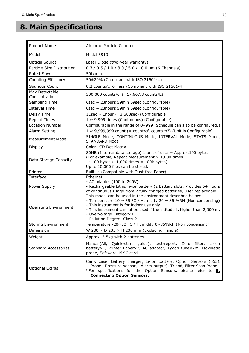 Main specifications | KANOMAX 3910 Portable Particle Counter User Manual User Manual | Page 81 / 87
