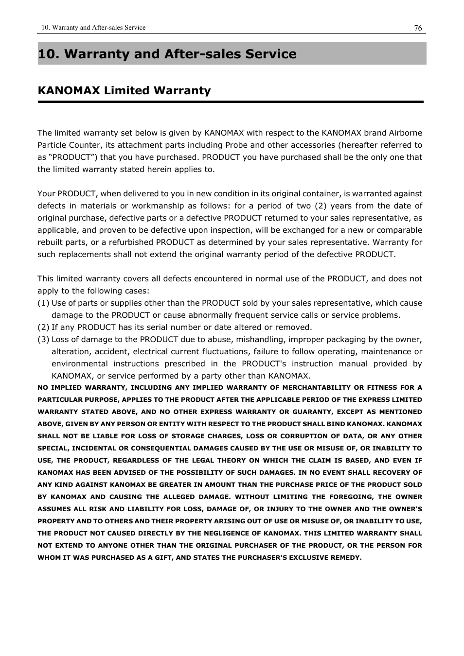 Warranty and after-sales service, Kanomax limited warranty | KANOMAX 3910 Portable Particle Counter User Manual User Manual | Page 84 / 87