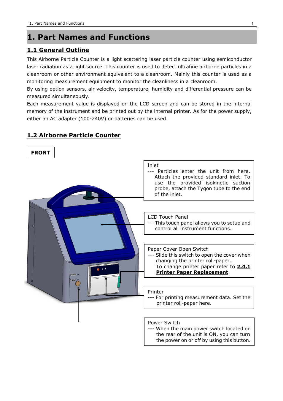 Part names and functions | KANOMAX 3910 Portable Particle Counter User Manual User Manual | Page 9 / 87