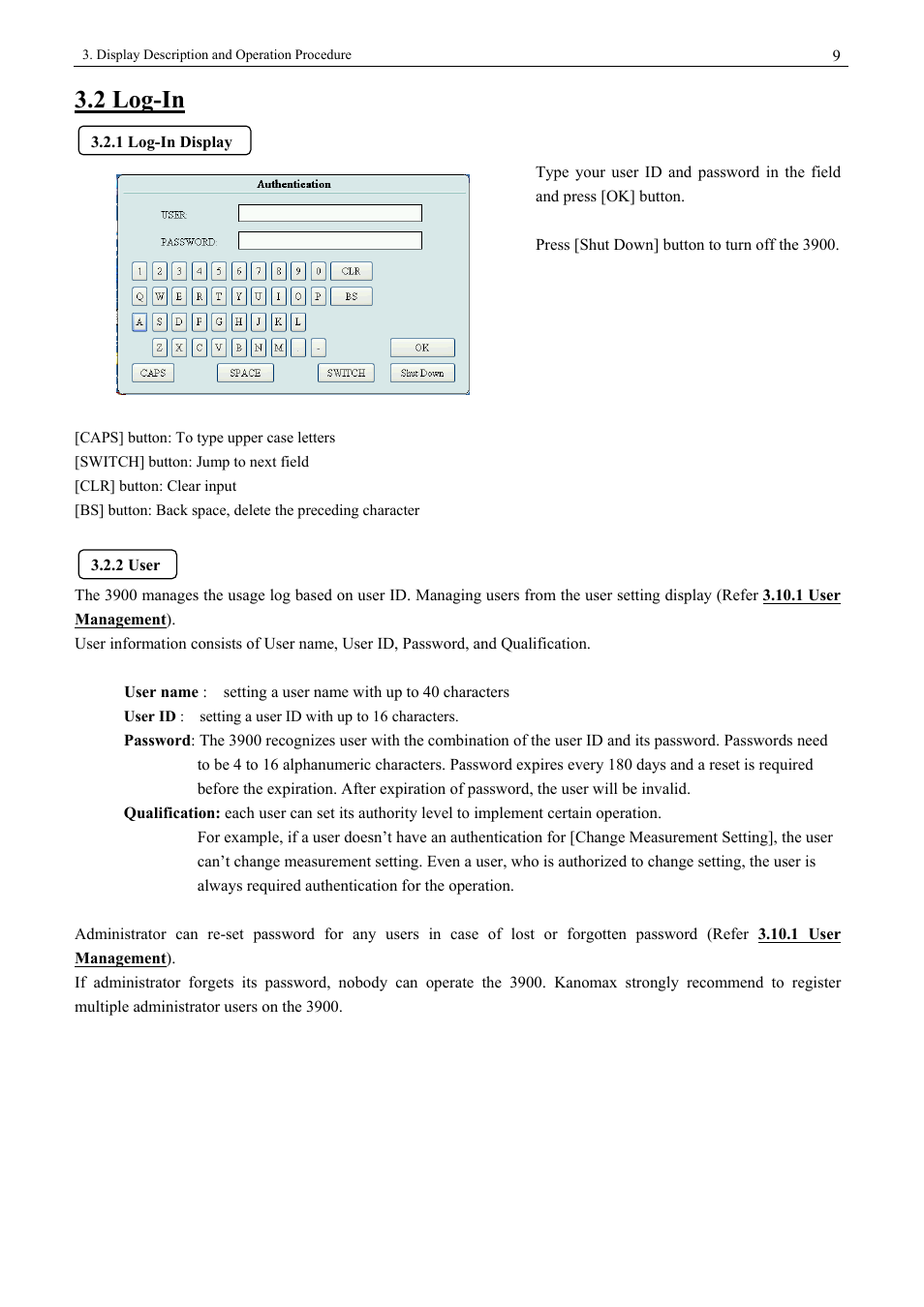 2 log-in, 1 log-in display, 2 user | 9 3.2.2 user | KANOMAX 3900 Portable Particle Counter User Manual | Page 16 / 90