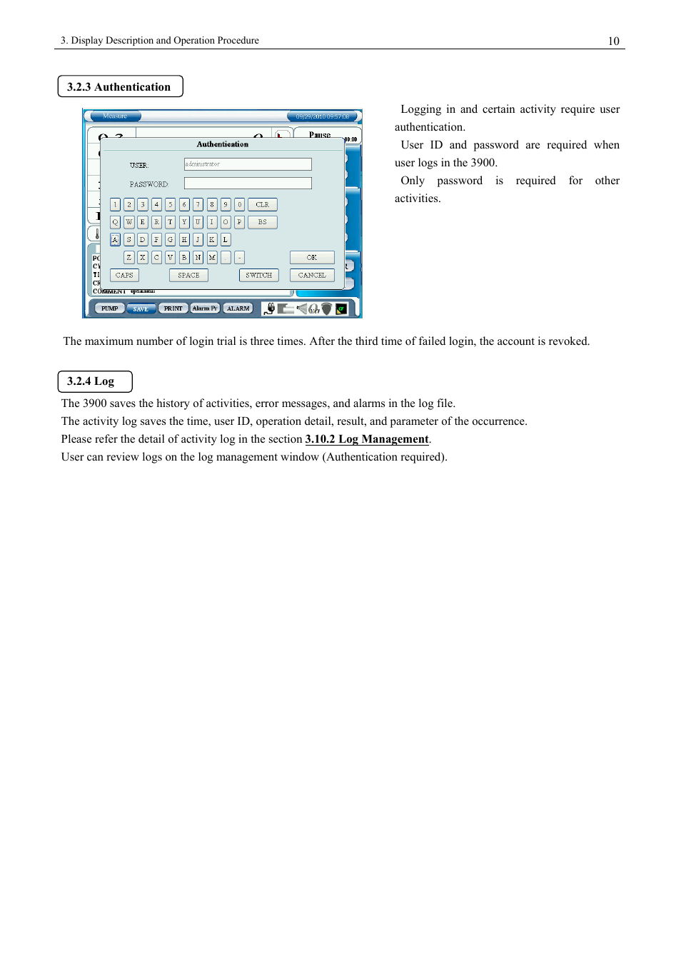 3 authentication, 4 log, 10 3.2.4 log | KANOMAX 3900 Portable Particle Counter User Manual | Page 17 / 90