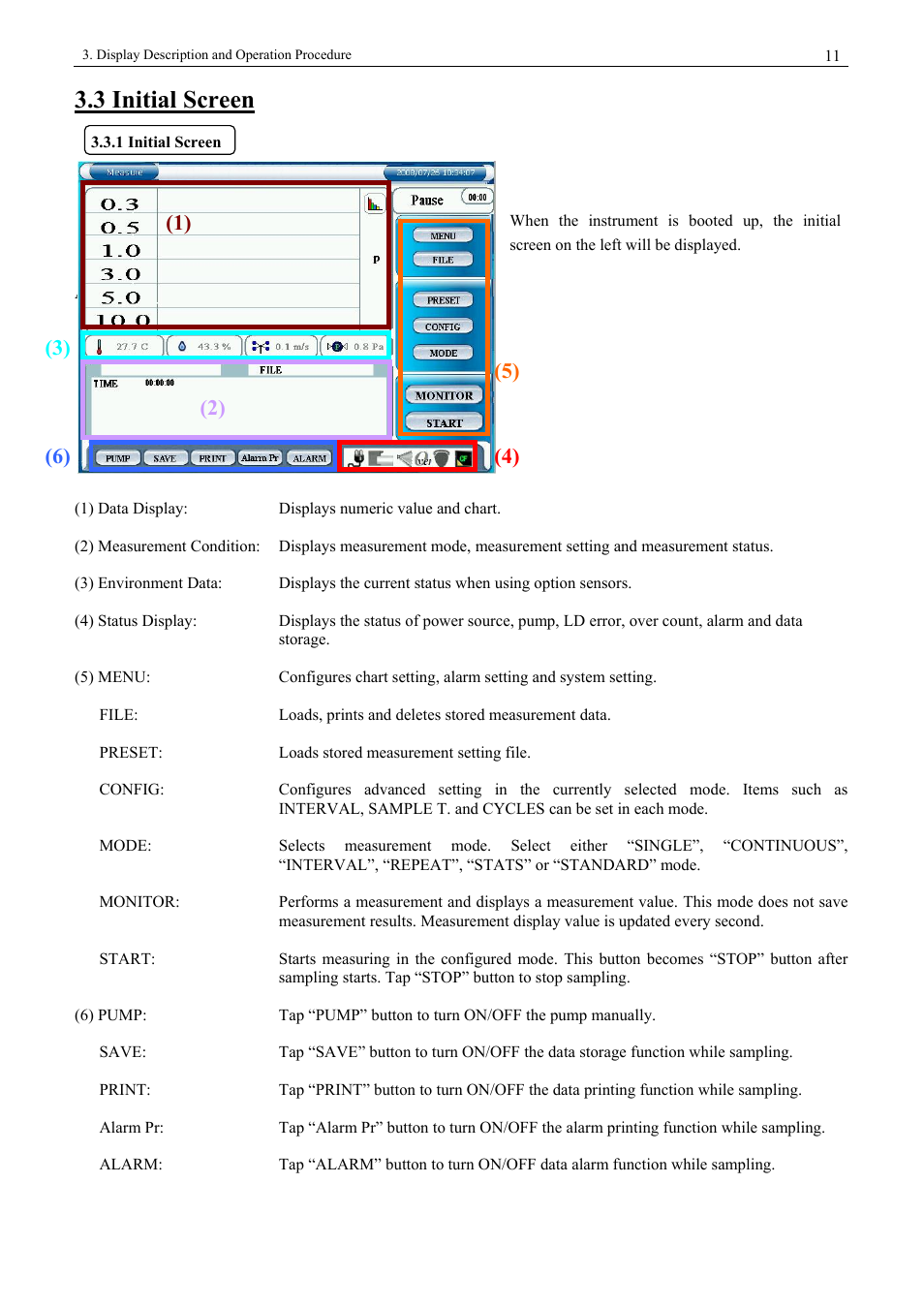 3 initial screen, 1 initial screen | KANOMAX 3900 Portable Particle Counter User Manual | Page 18 / 90