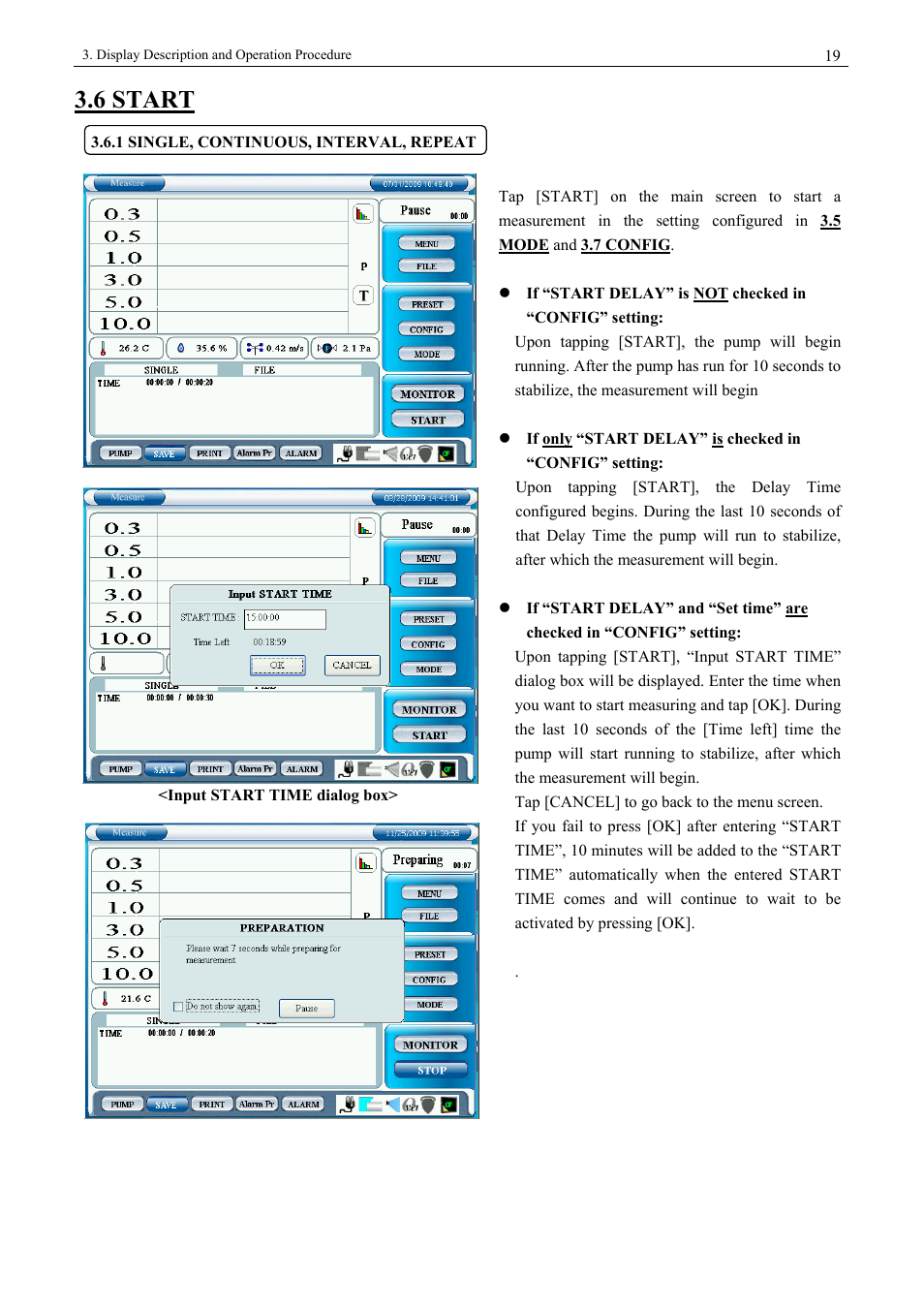 6 start, 1 single, continuous, interval, repeat | KANOMAX 3900 Portable Particle Counter User Manual | Page 26 / 90