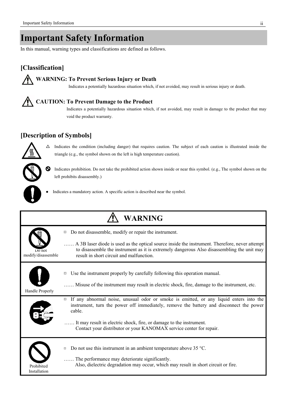 Important safety information, Warning, Classification | Description of symbols | KANOMAX 3900 Portable Particle Counter User Manual | Page 4 / 90