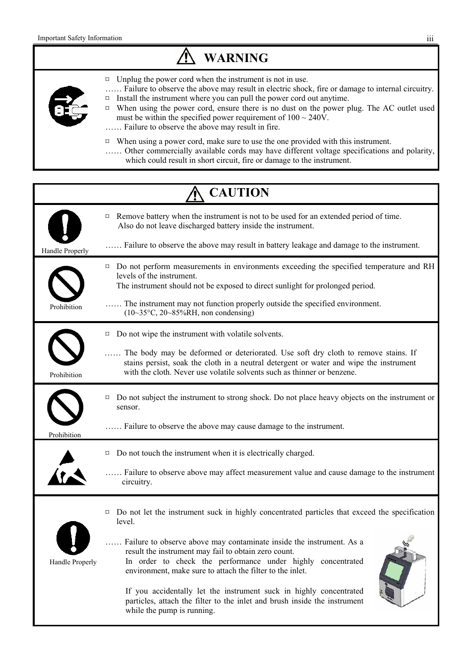 Warning, Caution | KANOMAX 3900 Portable Particle Counter User Manual | Page 5 / 90