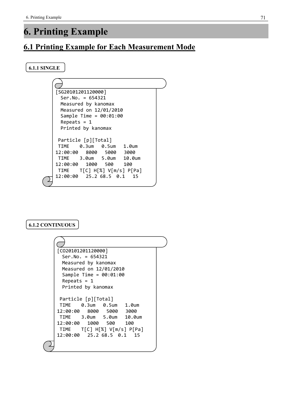 Printing example, 1 printing example for each measurement mode, 1 single | 2 continuous, 71 6.1.2 continuous | KANOMAX 3900 Portable Particle Counter User Manual | Page 78 / 90
