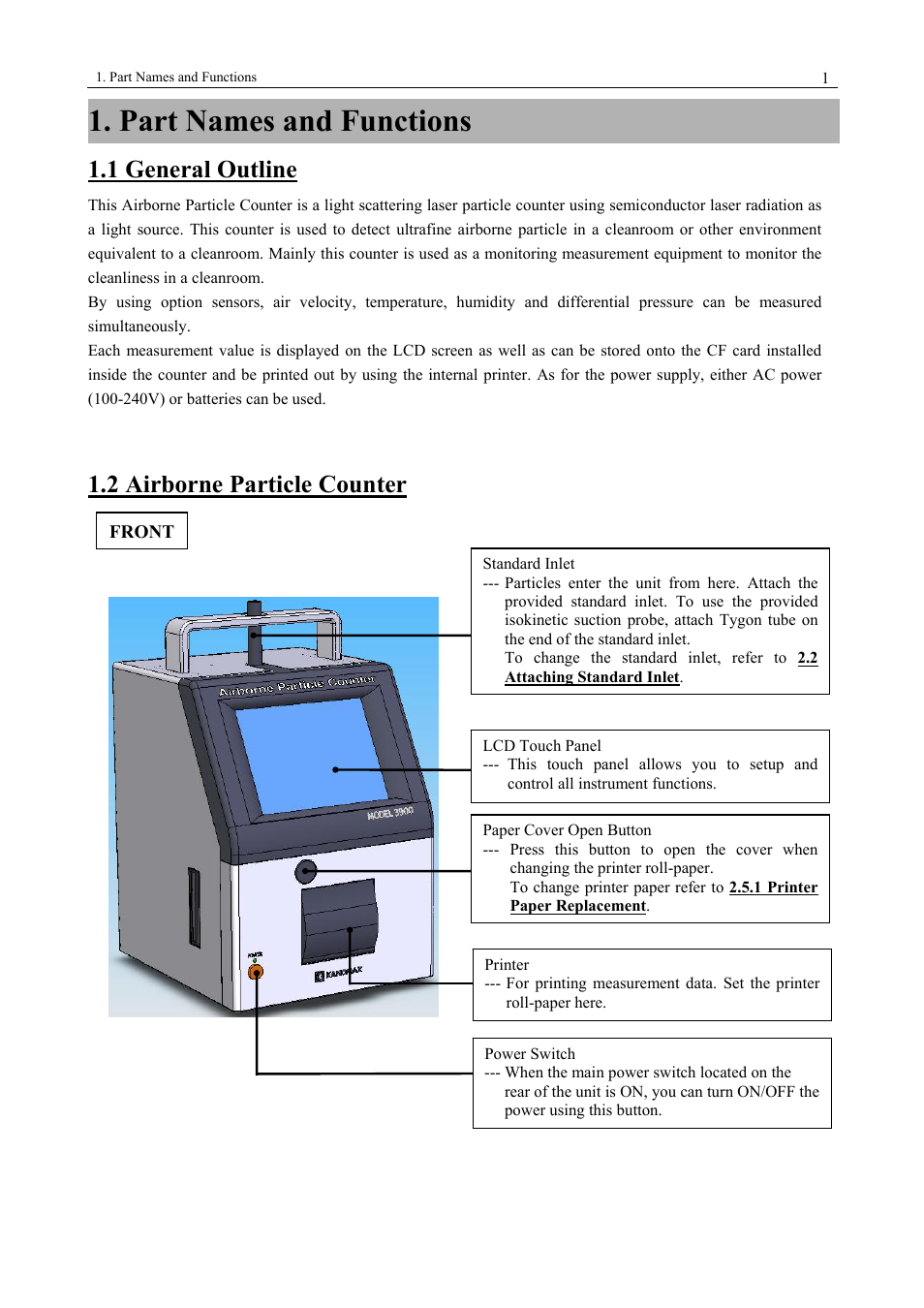 Part names and functions, 1 general outline, 2 airborne particle counter | KANOMAX 3900 Portable Particle Counter User Manual | Page 8 / 90