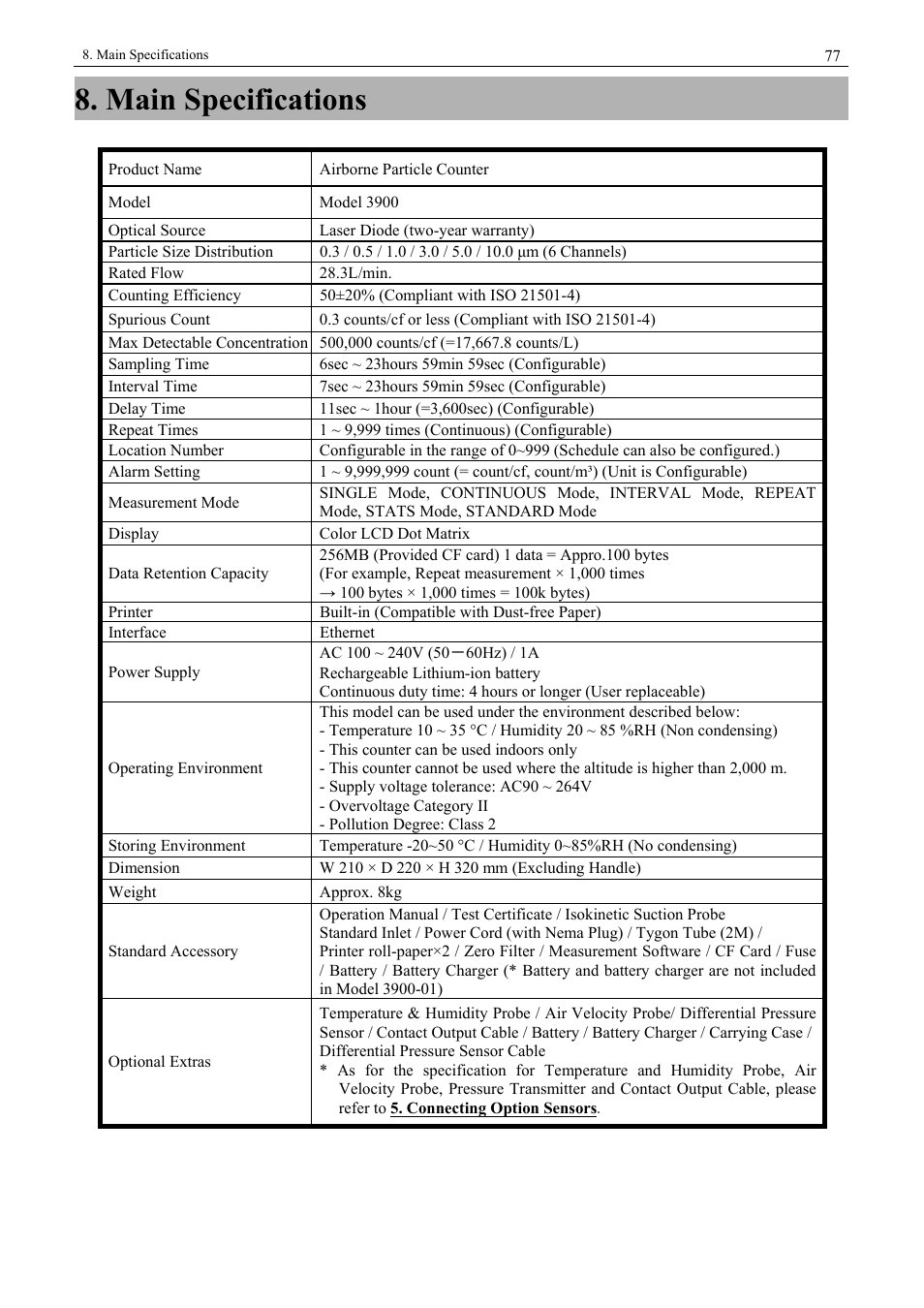 Main specifications | KANOMAX 3900 Portable Particle Counter User Manual | Page 84 / 90