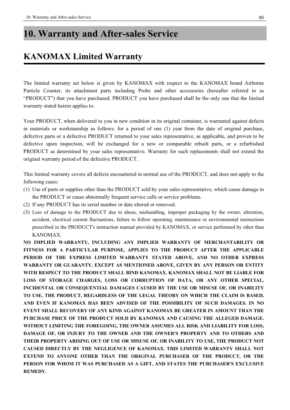 Warranty and after-sales service, Kanomax limited warranty | KANOMAX 3900 Portable Particle Counter User Manual | Page 87 / 90