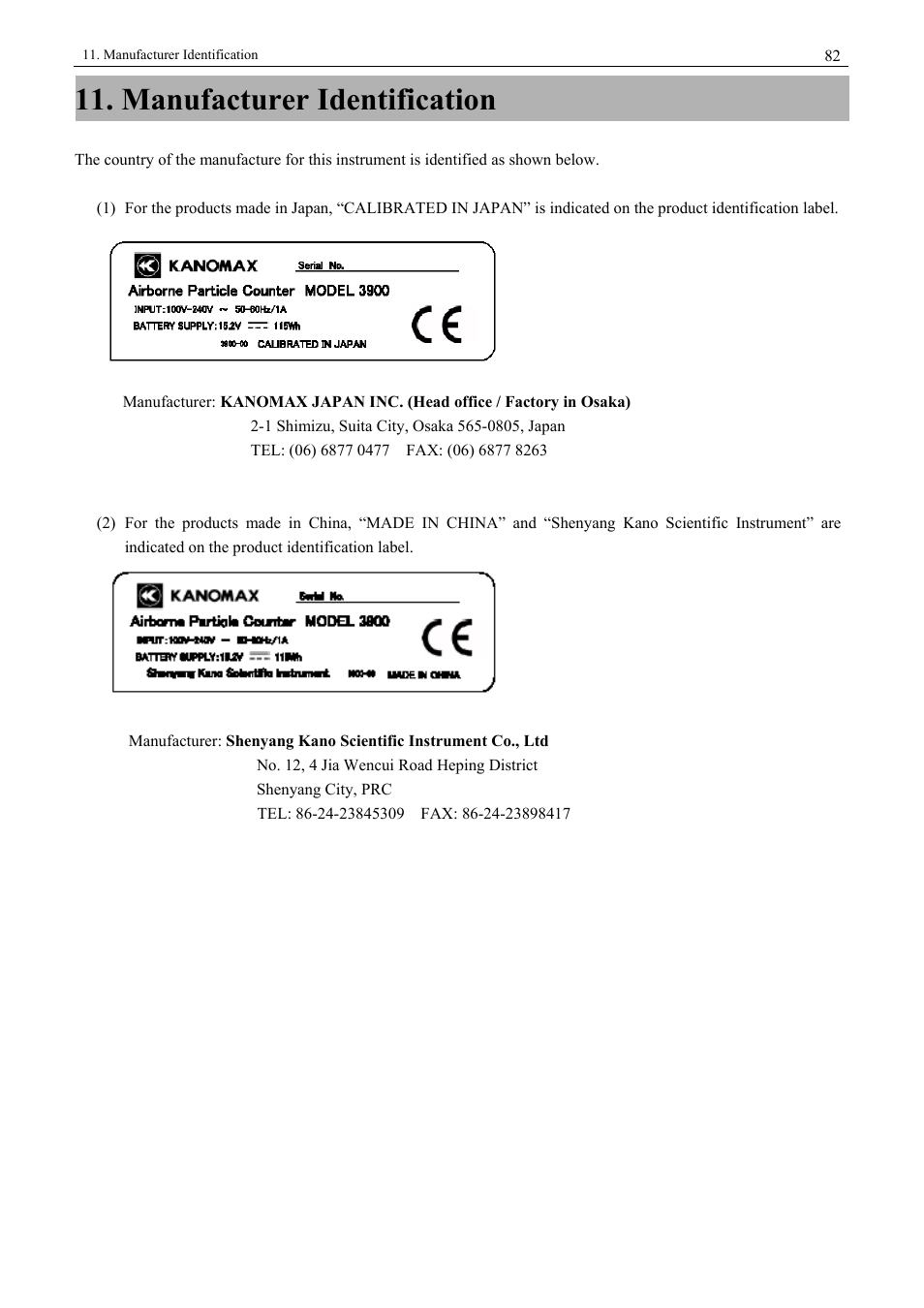 Manufacturer identification | KANOMAX 3900 Portable Particle Counter User Manual | Page 89 / 90