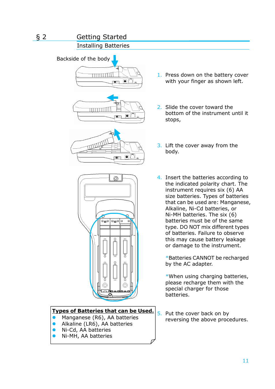Getting started, Installing batteries, 2 getting started | KANOMAX 6036 Multi-function thermal anemometer User Manual User Manual | Page 12 / 37