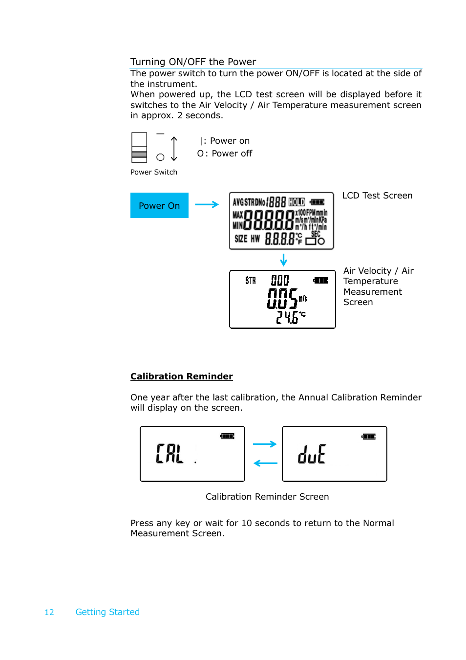 Turning on/off the power | KANOMAX 6036 Multi-function thermal anemometer User Manual User Manual | Page 13 / 37