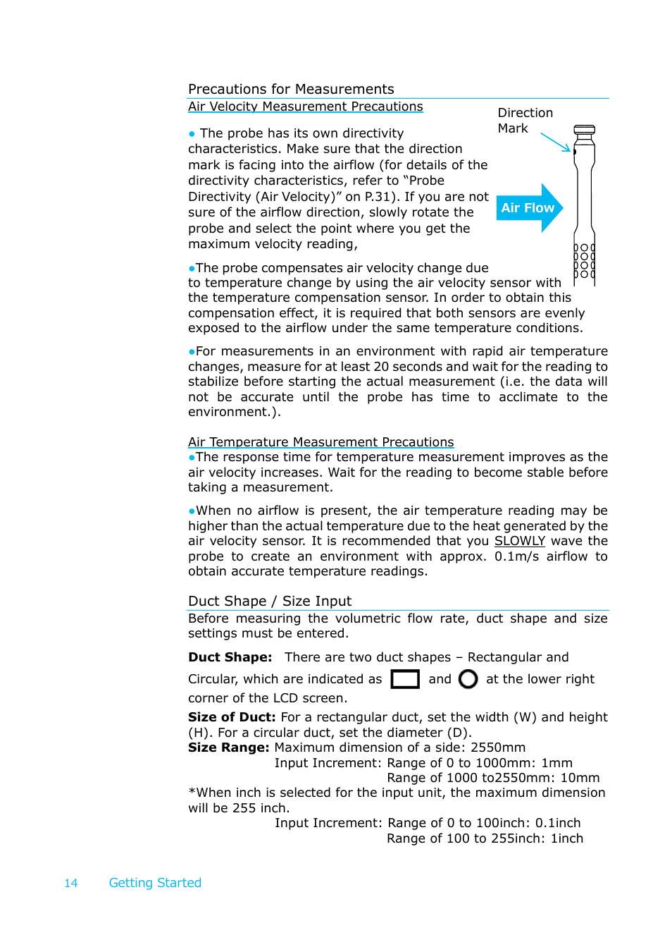 Precautions for measurements, Duct shape / size input | KANOMAX 6036 Multi-function thermal anemometer User Manual User Manual | Page 15 / 37