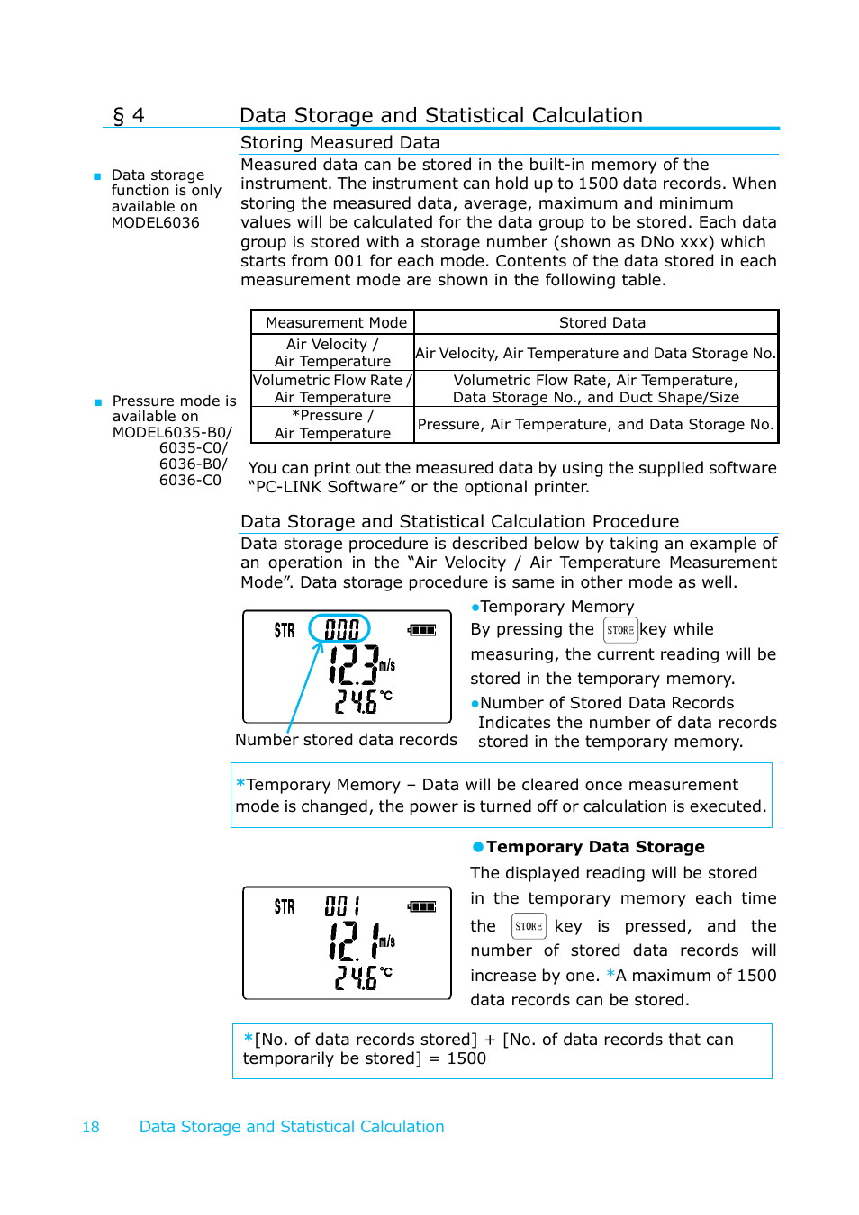 Data storage and statistical calculation, Storing measured data, Data storage and statistical calculation procedure | 4 data storage and statistical calculation | KANOMAX 6036 Multi-function thermal anemometer User Manual User Manual | Page 19 / 37