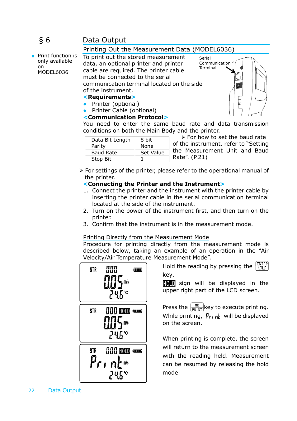 Data output, Printing out the measurement data (model6036), 6 data output | KANOMAX 6036 Multi-function thermal anemometer User Manual User Manual | Page 23 / 37