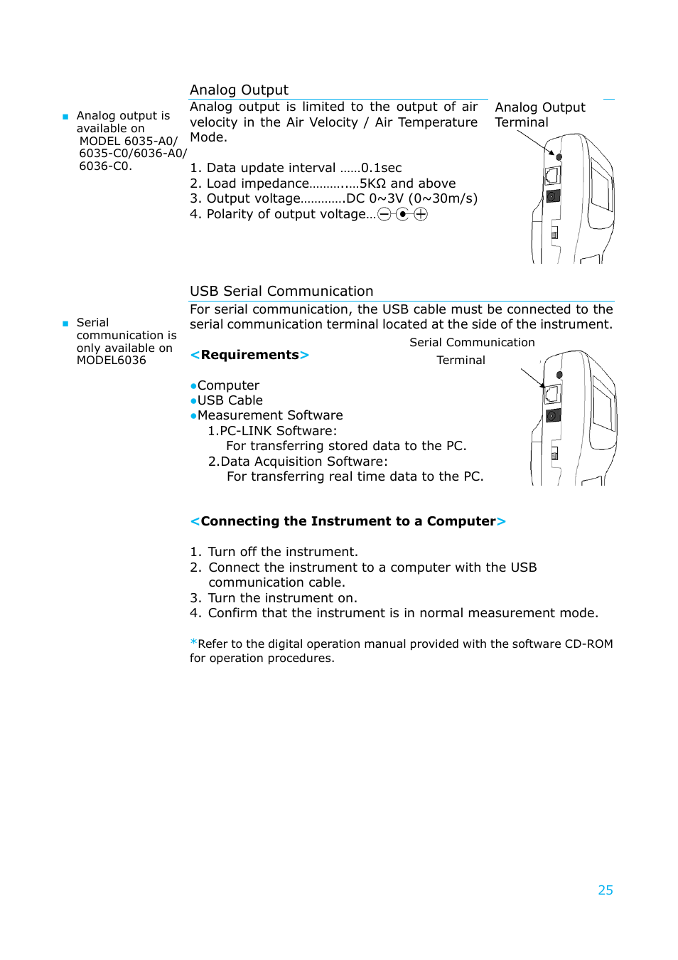 Analog output, Usb serial communication | KANOMAX 6036 Multi-function thermal anemometer User Manual User Manual | Page 26 / 37