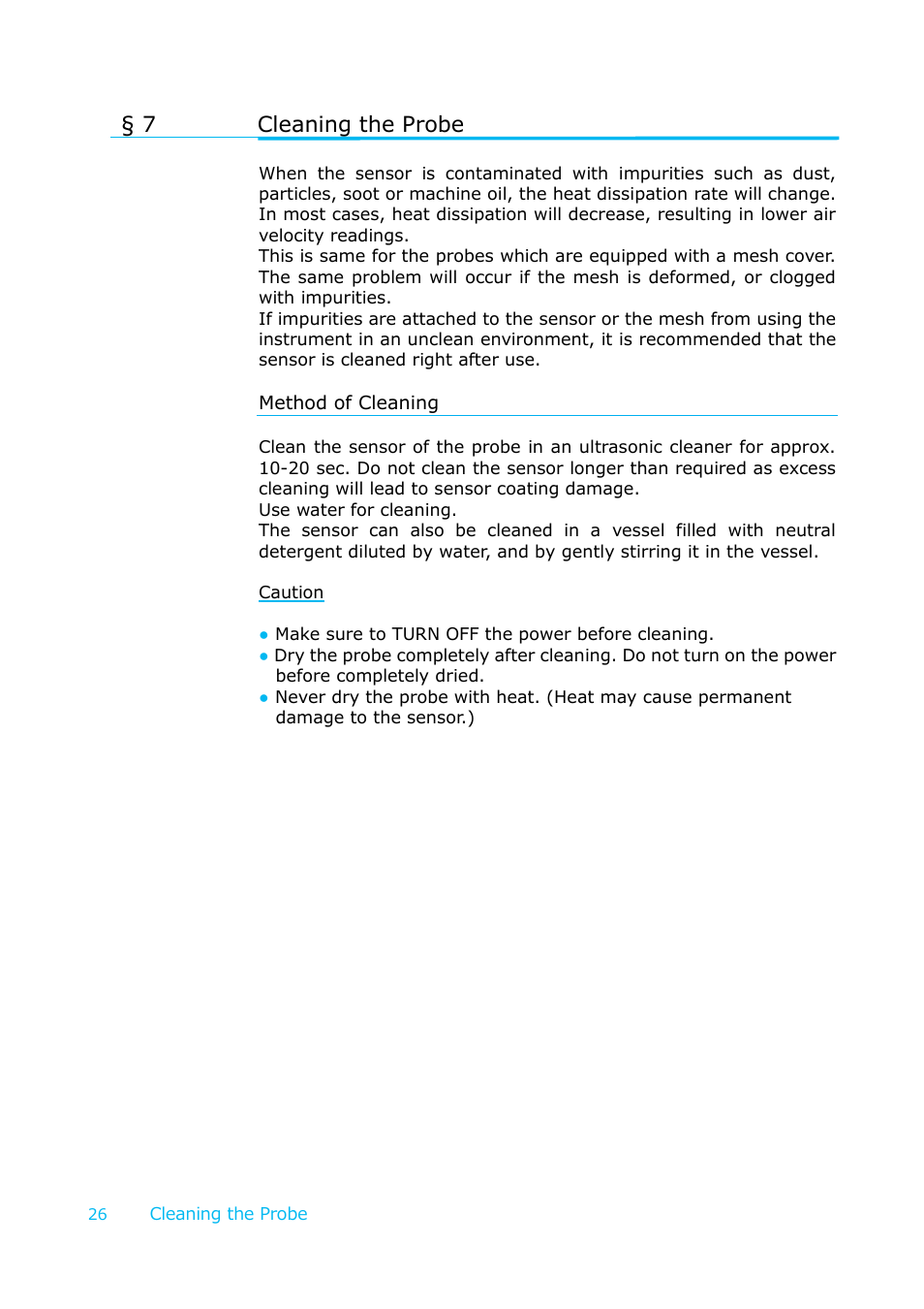 Cleaning the probe, Method of cleaning, 7 cleaning the probe | KANOMAX 6036 Multi-function thermal anemometer User Manual User Manual | Page 27 / 37