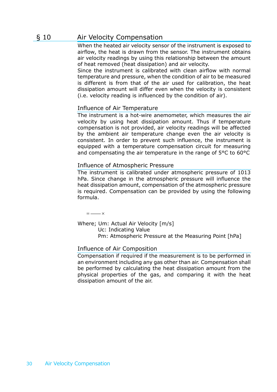 Air velocity compensation, Influence of air temperature, Influence of atmospheric pressure | Influence of air composition, 10 air velocity compensation | KANOMAX 6036 Multi-function thermal anemometer User Manual User Manual | Page 31 / 37
