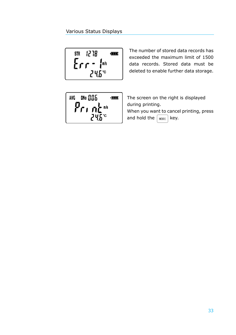 Various status displays | KANOMAX 6036 Multi-function thermal anemometer User Manual User Manual | Page 34 / 37