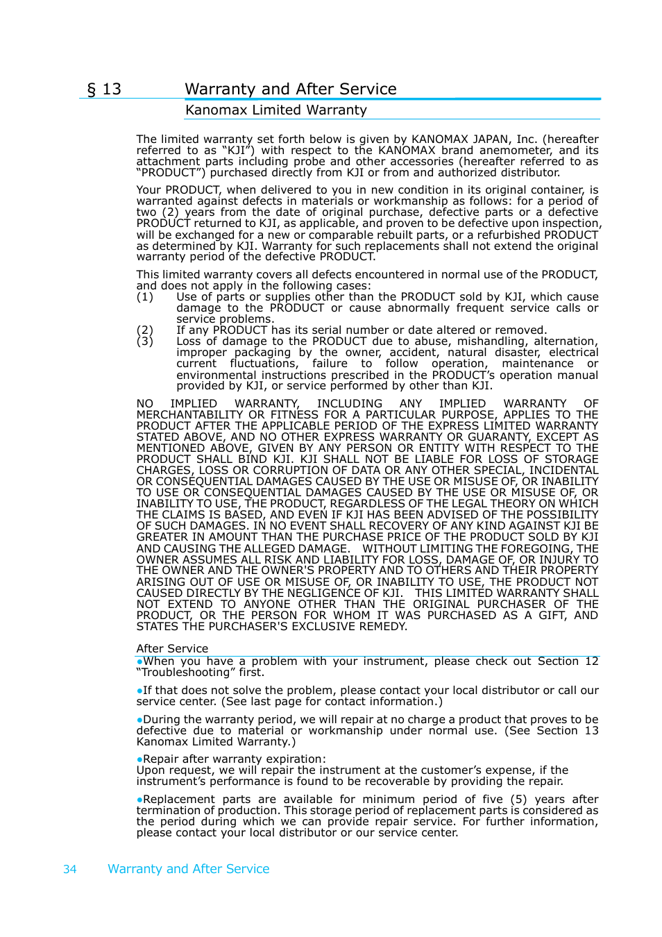 Warranty and after service, Kanomax limited warranty, 13 warranty and after service | KANOMAX 6036 Multi-function thermal anemometer User Manual User Manual | Page 35 / 37