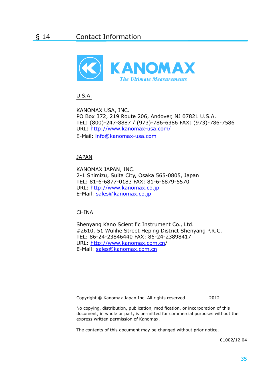 Contact information, 14 contact information | KANOMAX 6036 Multi-function thermal anemometer User Manual User Manual | Page 36 / 37